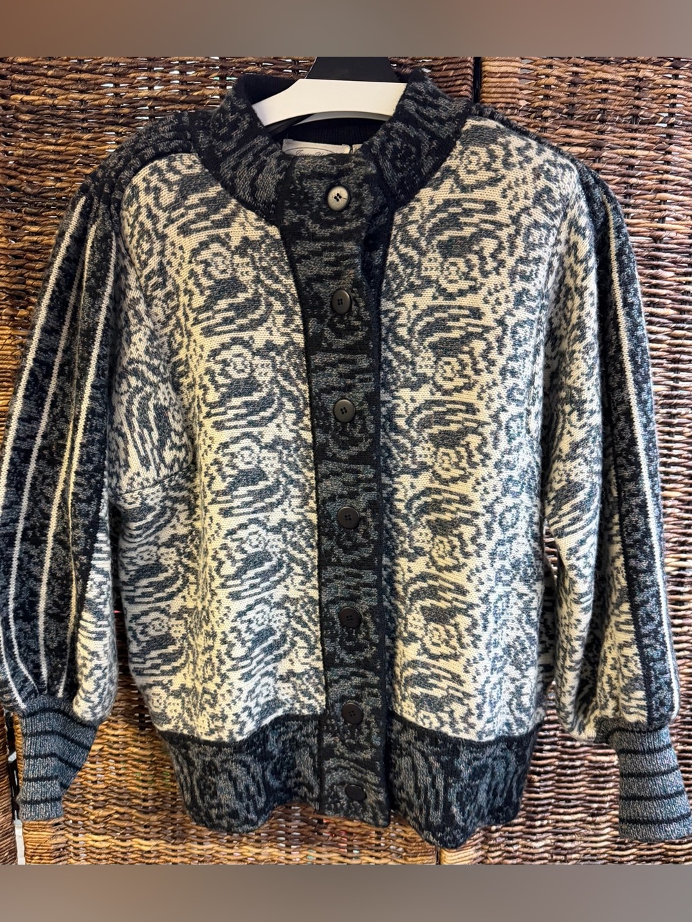 Jayson Younger- Women’s Black & Cream Button-Front Knit Shetland Sweater-Large